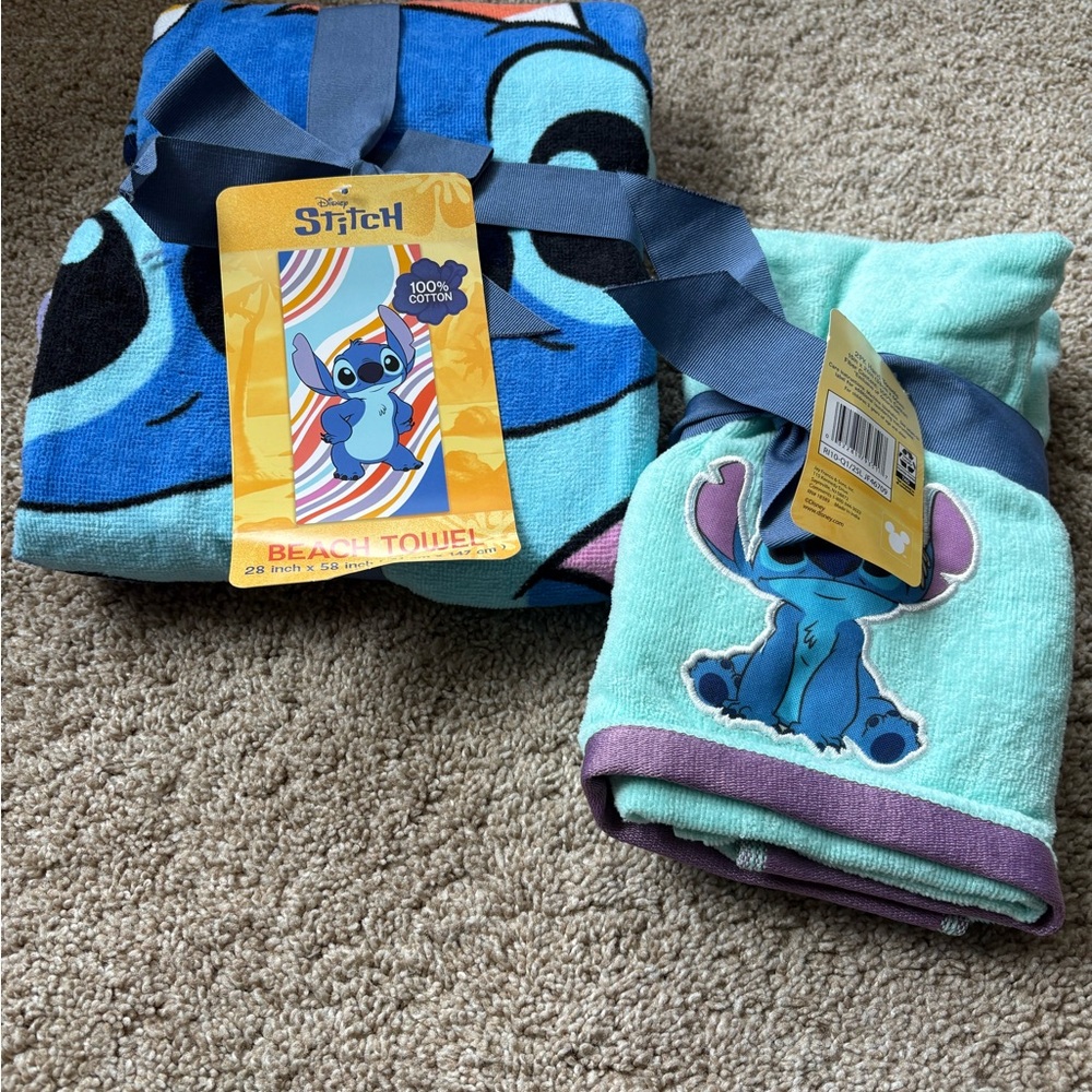Disney Stitch Beach Towel Set - Blue and Mint and 2 pk hand towels stitch